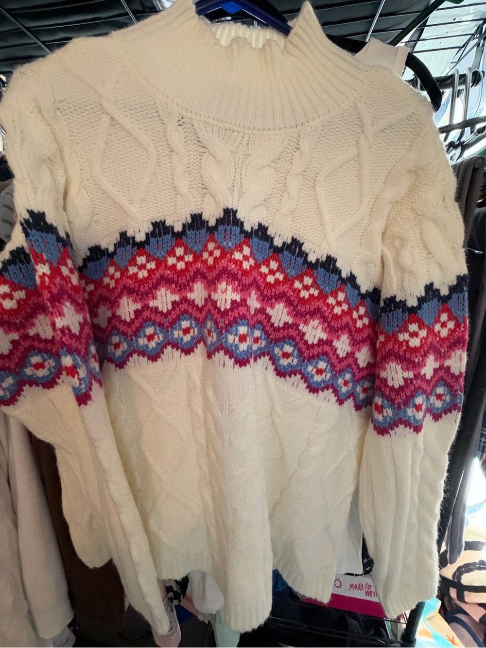 St. John's Bay Cream Cable-Knit Sweater with Pink & Blue Fair Isle